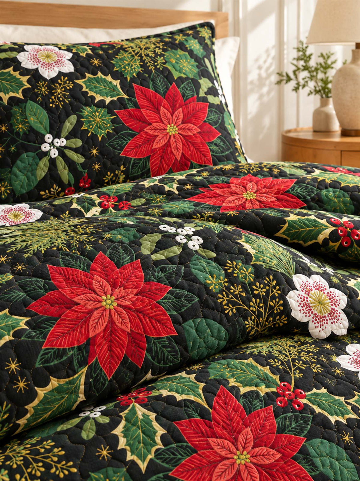 Poinsettia Holly Christmas Quilted 3-Piece Bedding Set