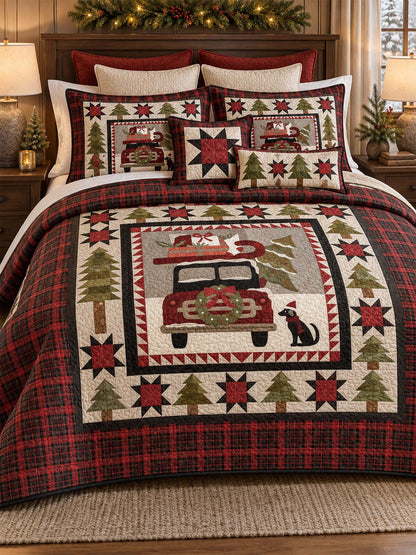 Vintage Christmas Red Truck & Black Cat Plaid Quilted 3-Piece Bedding Set