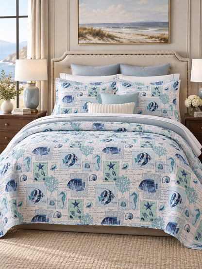 Coastal Marine Life Reversible 100% Cotton Quilted 3-Piece Bedding Set