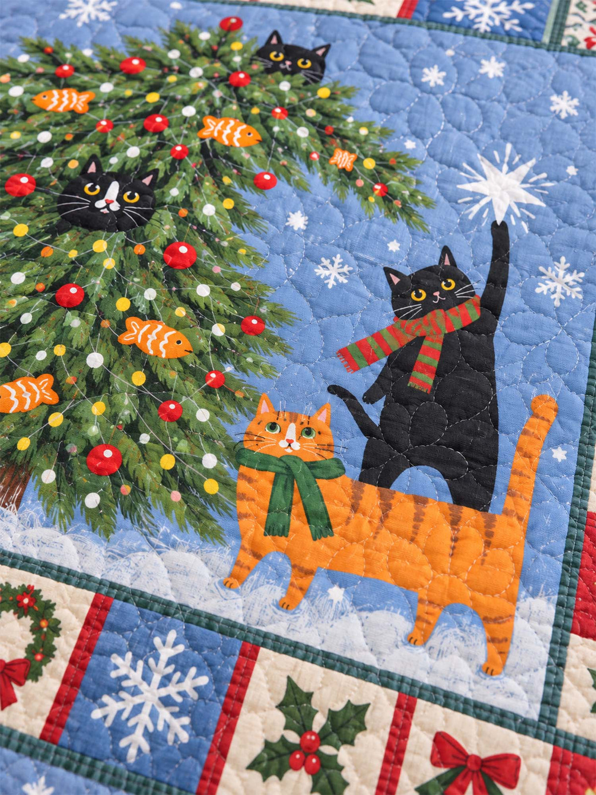 Christmas Tree Cats Quilted 3-Piece Bedding Set