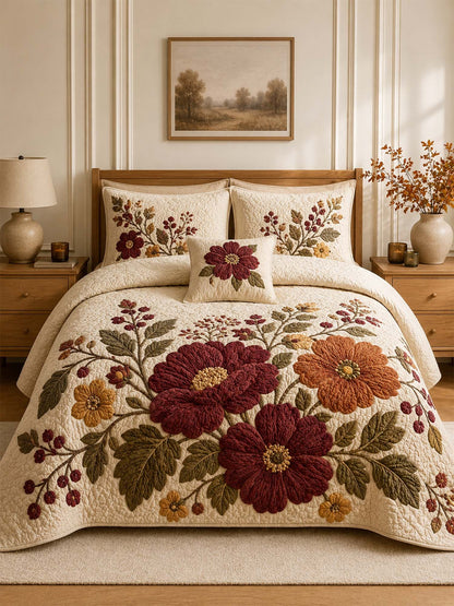 H.PAI Vintage Floral Quilted 3-Piece Bedding Set