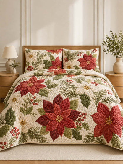 Poinsettia Botanical Christmas Quilted 3-Piece Bedding Set
