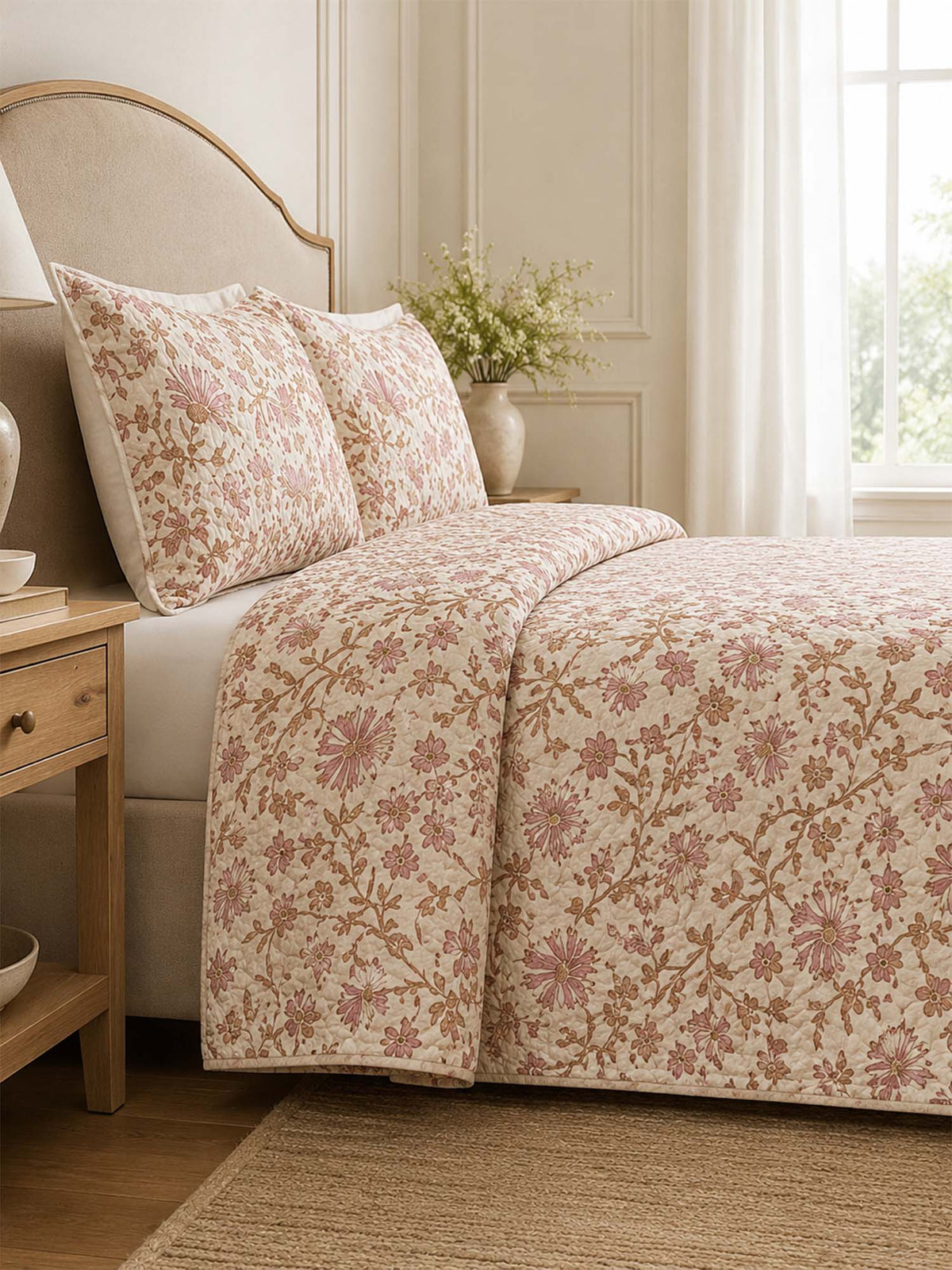 H.PAI Blush Wildflower Garden Quilted 3-Piece Bedding Set