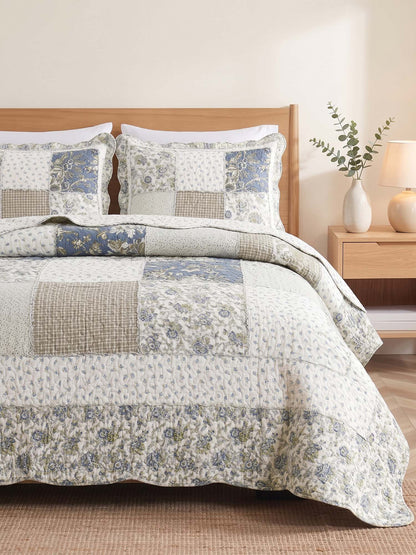Blue Meadow Patchwork Quilted 3-Piece Bedding Set