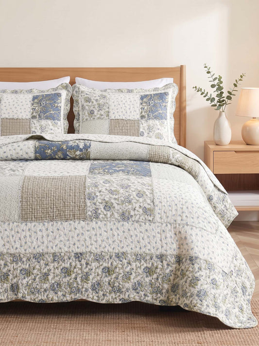 Blue Meadow Patchwork Quilted 3-Piece Bedding Set