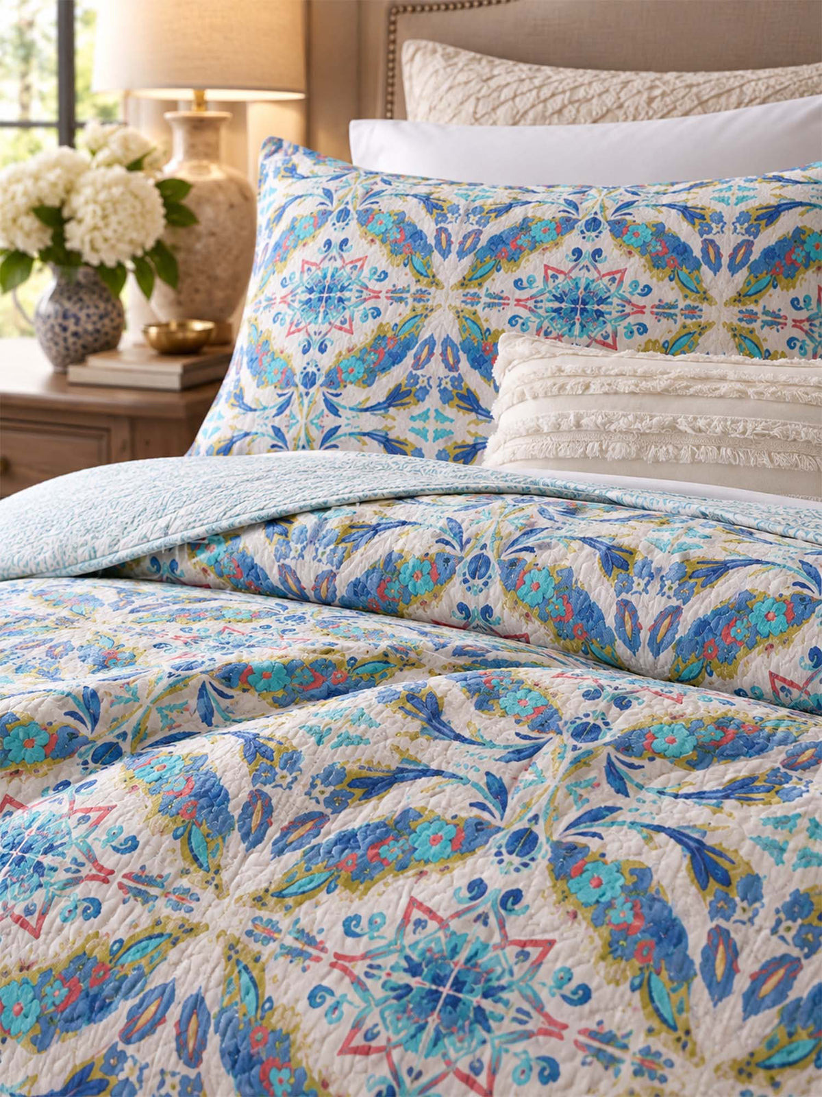 Pastel Blue Botanical Medallion Reversible 100% Cotton Quilted Bedding Set