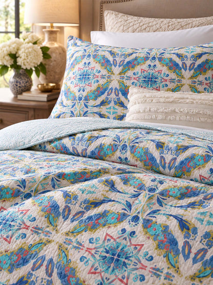Pastel Blue Botanical Medallion Reversible 100% Cotton Quilted Bedding Set