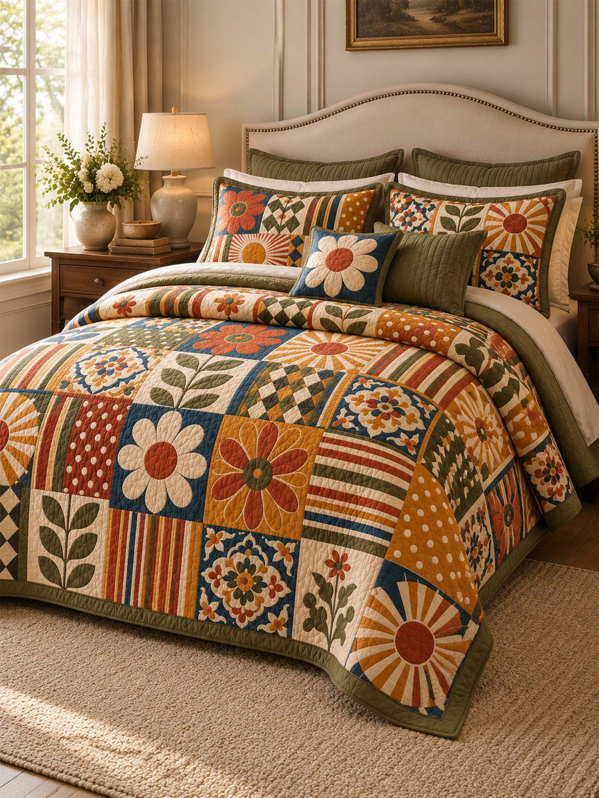 Retro Floral Geometric Patchwork Quilted 3-Piece Bedding Set