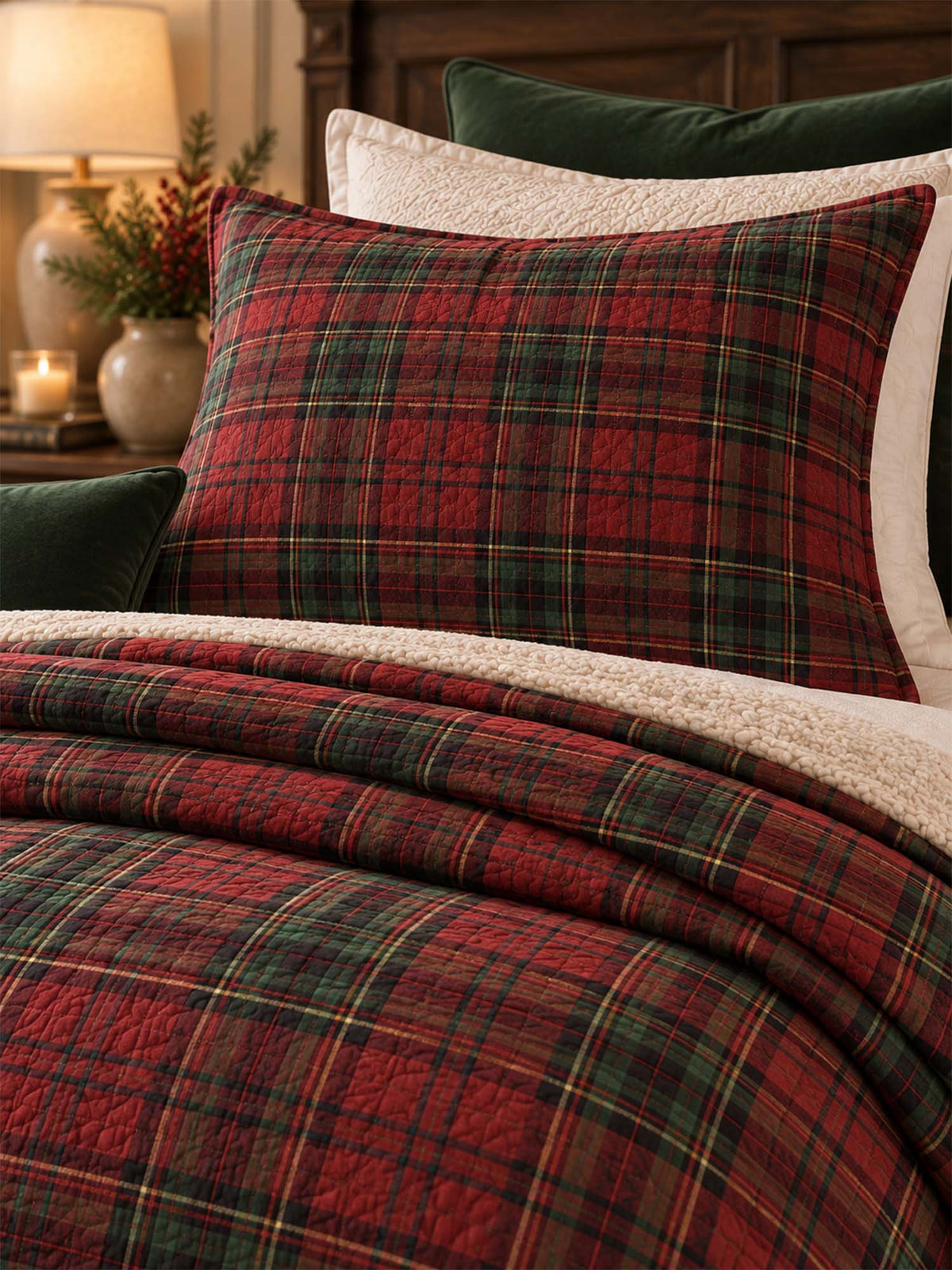 Christmas Tartan Plaid Quilted 3-Piece Bedding Set