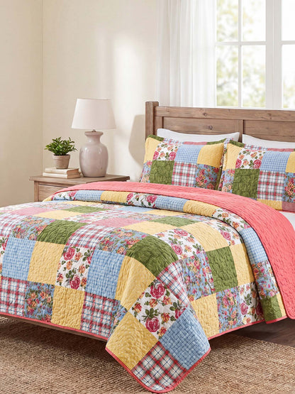 Cottage Rose Patchwork Quilted 3-Piece Bedding Set