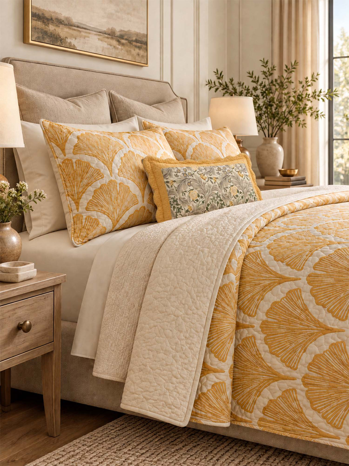 H.PAI Golden Ginkgo Leaf Quilted 3-Piece Bedding Set