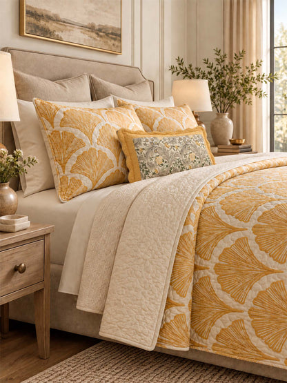 H.PAI Golden Ginkgo Leaf Quilted 3-Piece Bedding Set