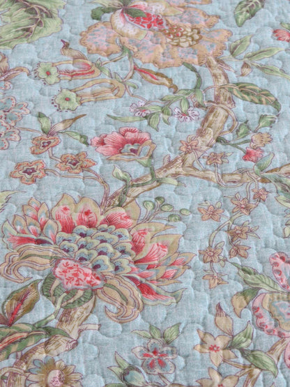 Light Blue Country Garden Floral Print Quilted 3‑Piece Bedding Set