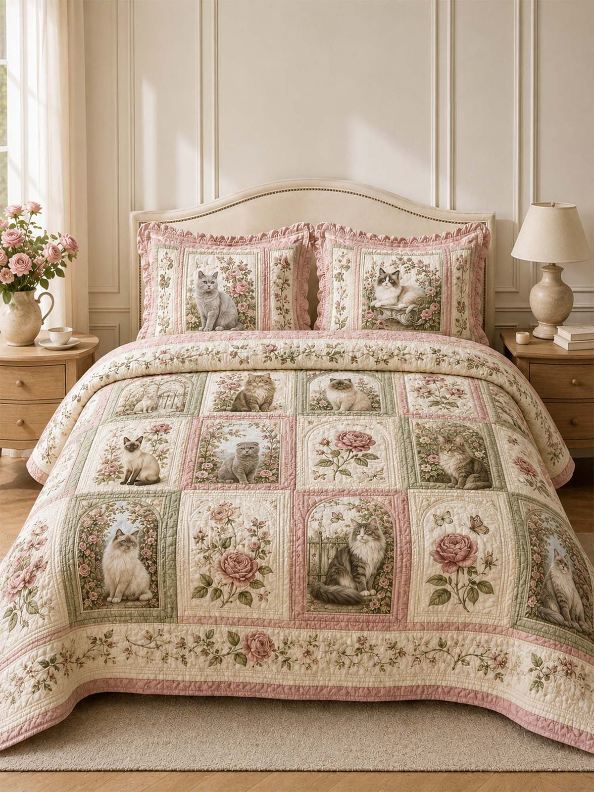 H.PAI Vintage Rose Cat Garden Quilted 3-Piece Bedding Set