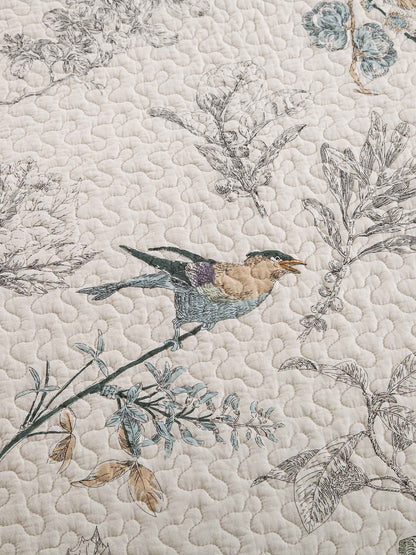 Cottage Style Nature Bird Floral Foliage Quilted 3‑Piece Bedding Set