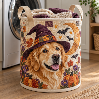 Waskorf matelassé – Golden Retriever met heksenhoed