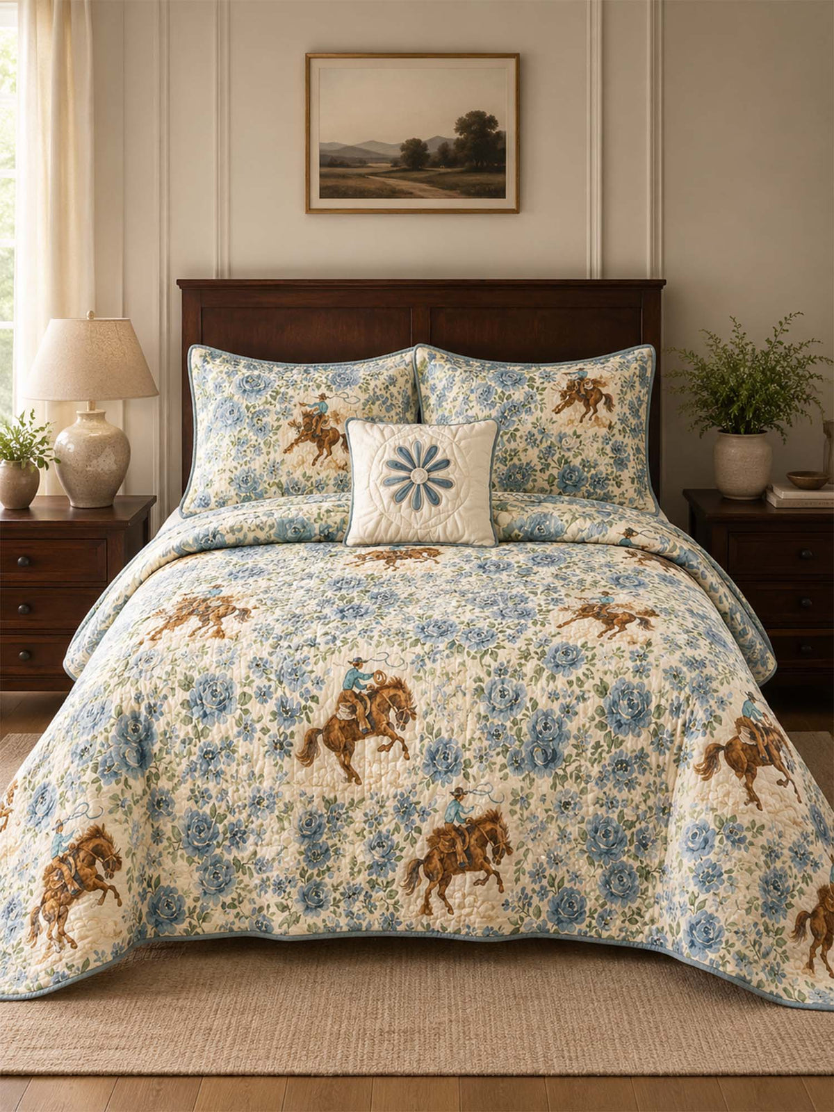 H.PAI Western Floral Horse Quilted 3-Piece Bedding Set