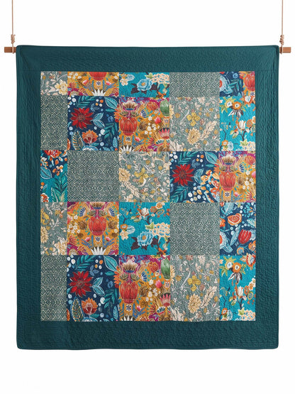 Teal Botanical Pieced Patchwork 100% Cotton Quilted 3-Piece Bedding Set