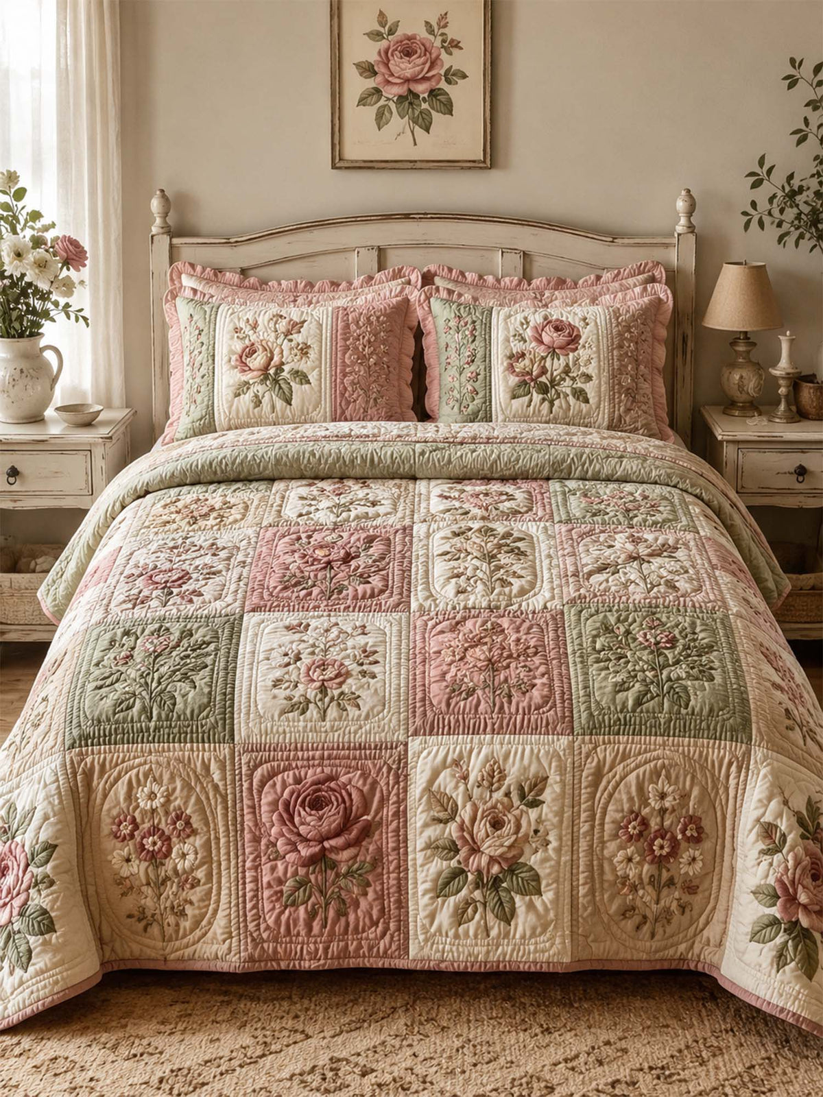 Vintage Rose Floral Quilted 3-Piece Bedding Set