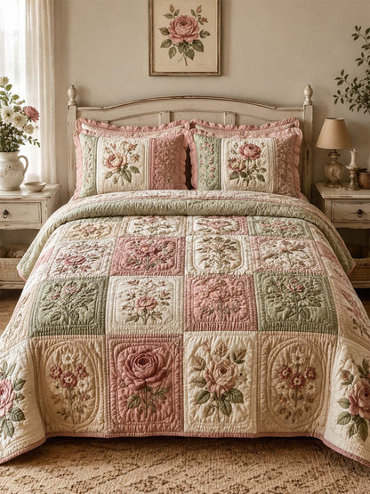 Vintage Rose Floral Quilted 3-Piece Bedding Set