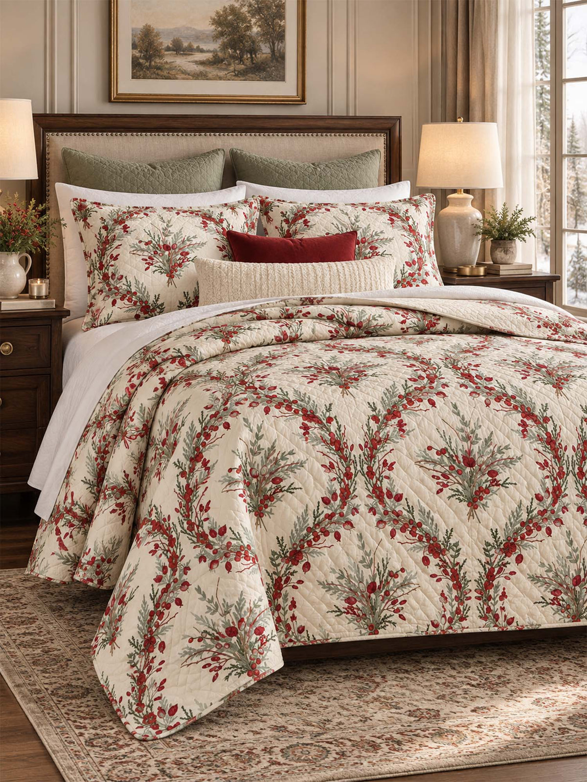 Christmas Berry Botanical Quilted 3-Piece Bedding Set