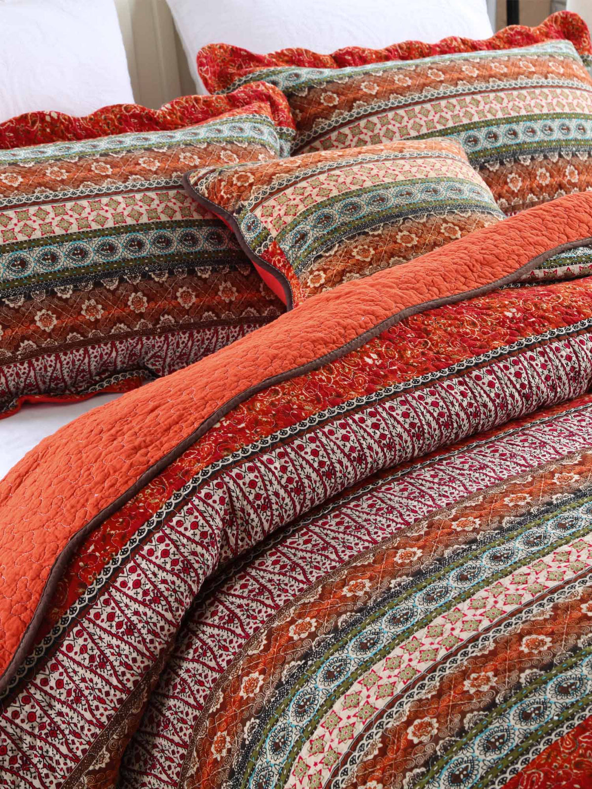 Rust Orange Bohemian Striped Patchwork Quilted 3‑Piece Bedding Set