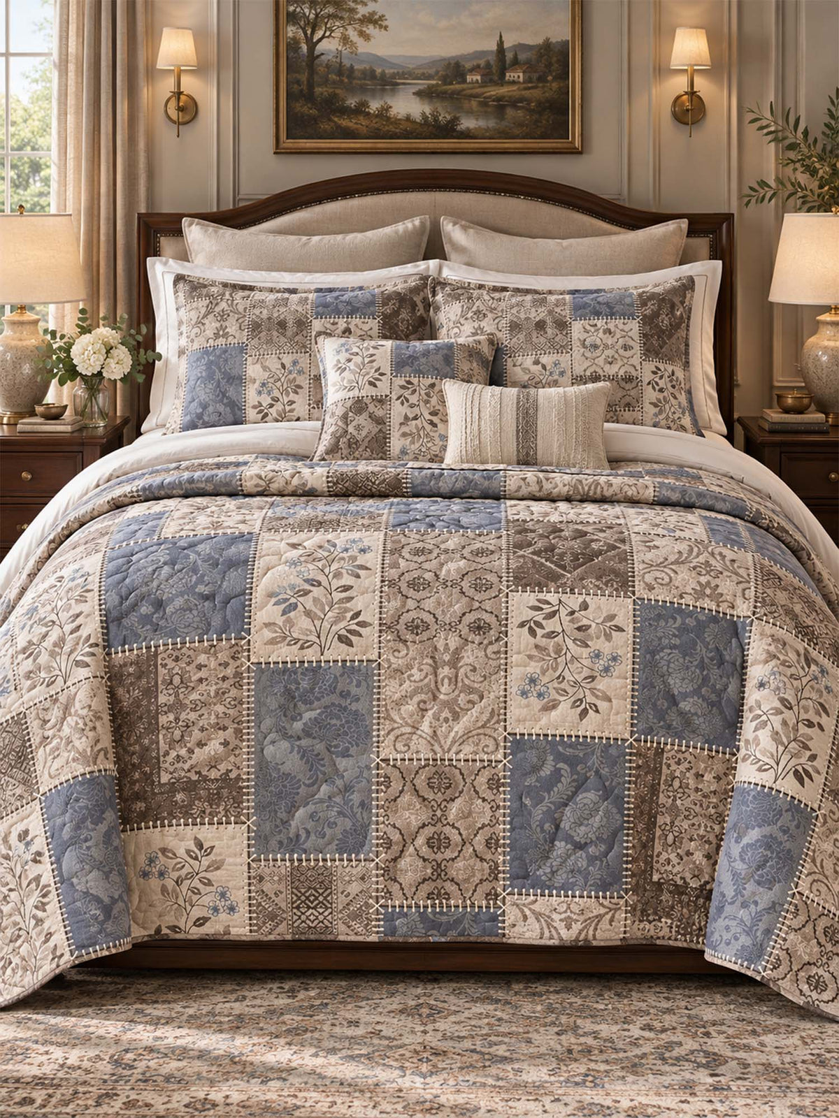 Vintage Blue Botanical Patchwork Quilted 3-Piece Bedding Set