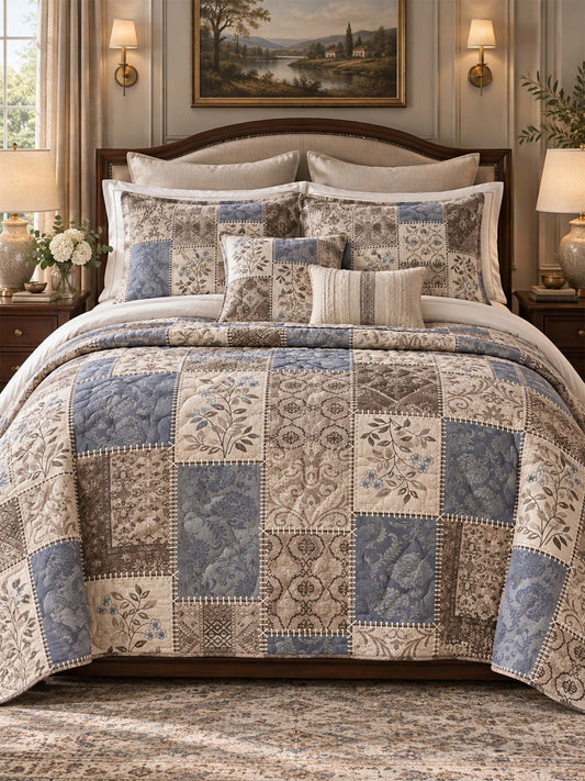 Vintage Blue Botanical Patchwork Quilted 3-Piece Bedding Set