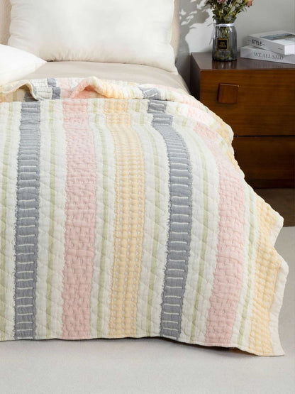 Pastel Multicolor Vertical Stripe Quilted Bedspread Cotton Puff Quilt Blanket