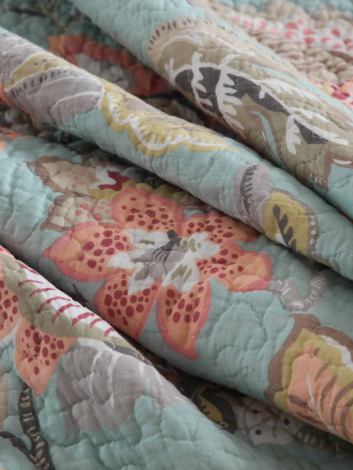 Teal Blue Vintage Garden Harvest Floral Patchwork Quilted 3‑Piece Bedding Set