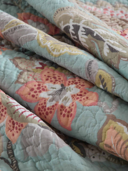 Teal Blue Vintage Garden Harvest Floral Patchwork Quilted 3‑Piece Bedding Set
