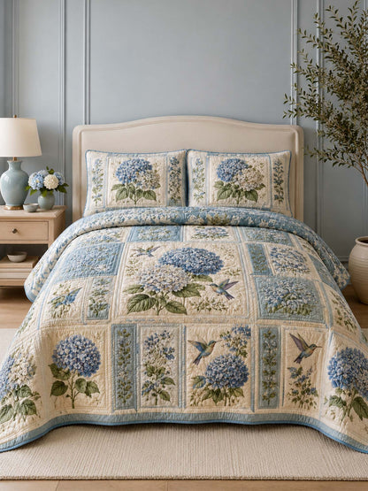 Blue Hydrangea Quilted 3-Piece Bedding Set