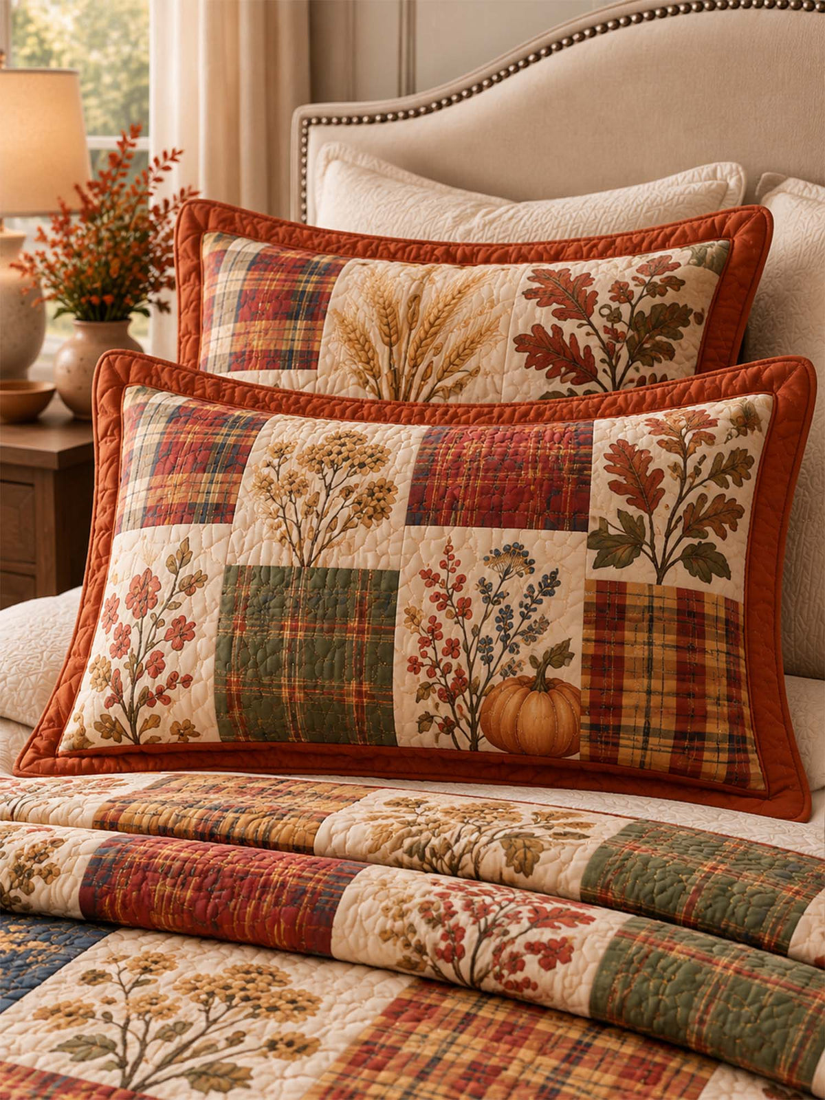 Autumn Harvest Plaid Patchwork Quilted 3-Piece Bedding Set