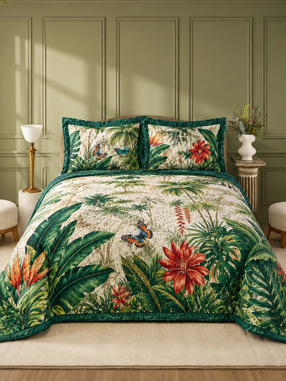 H.PAI Tropical Botanical Quilted 3-Piece Bedding Set