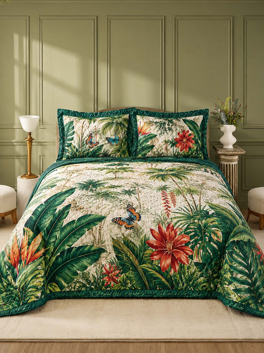 H.PAI Tropical Botanical Quilted 3-Piece Bedding Set