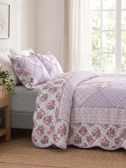 Lavender Rose Patchwork Quilted 3-Piece Bedding Set