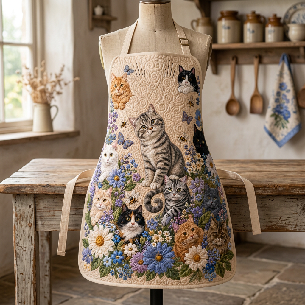 Gewatteerd keukenschort Poes tussen de Bloesems