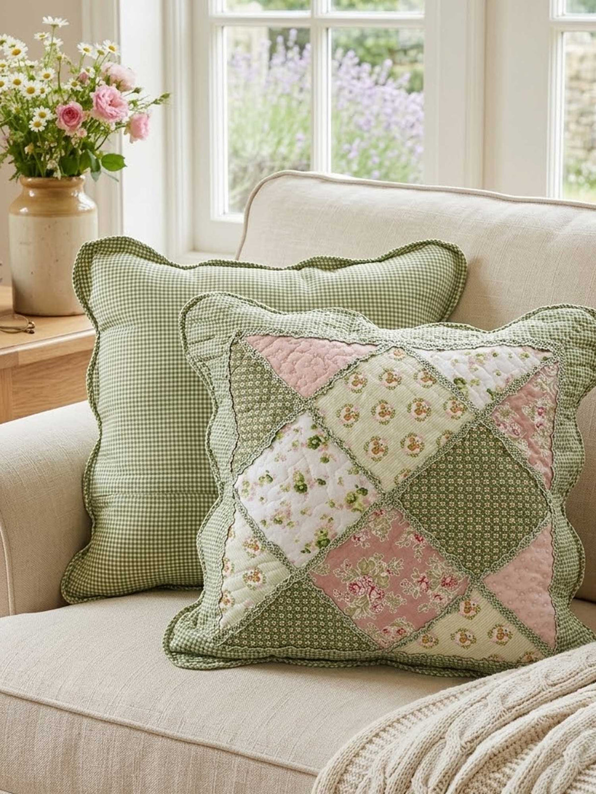 Green Pink Floral Gingham Patchwork Quilted Pillow Cover