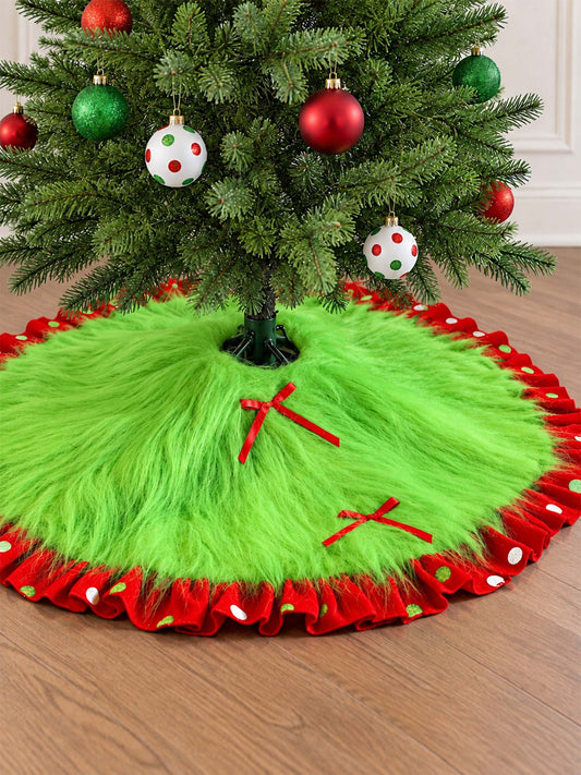 Whimsical Green Faux Fur Christmas Tree Skirt With Red Polka Dot Ruffle