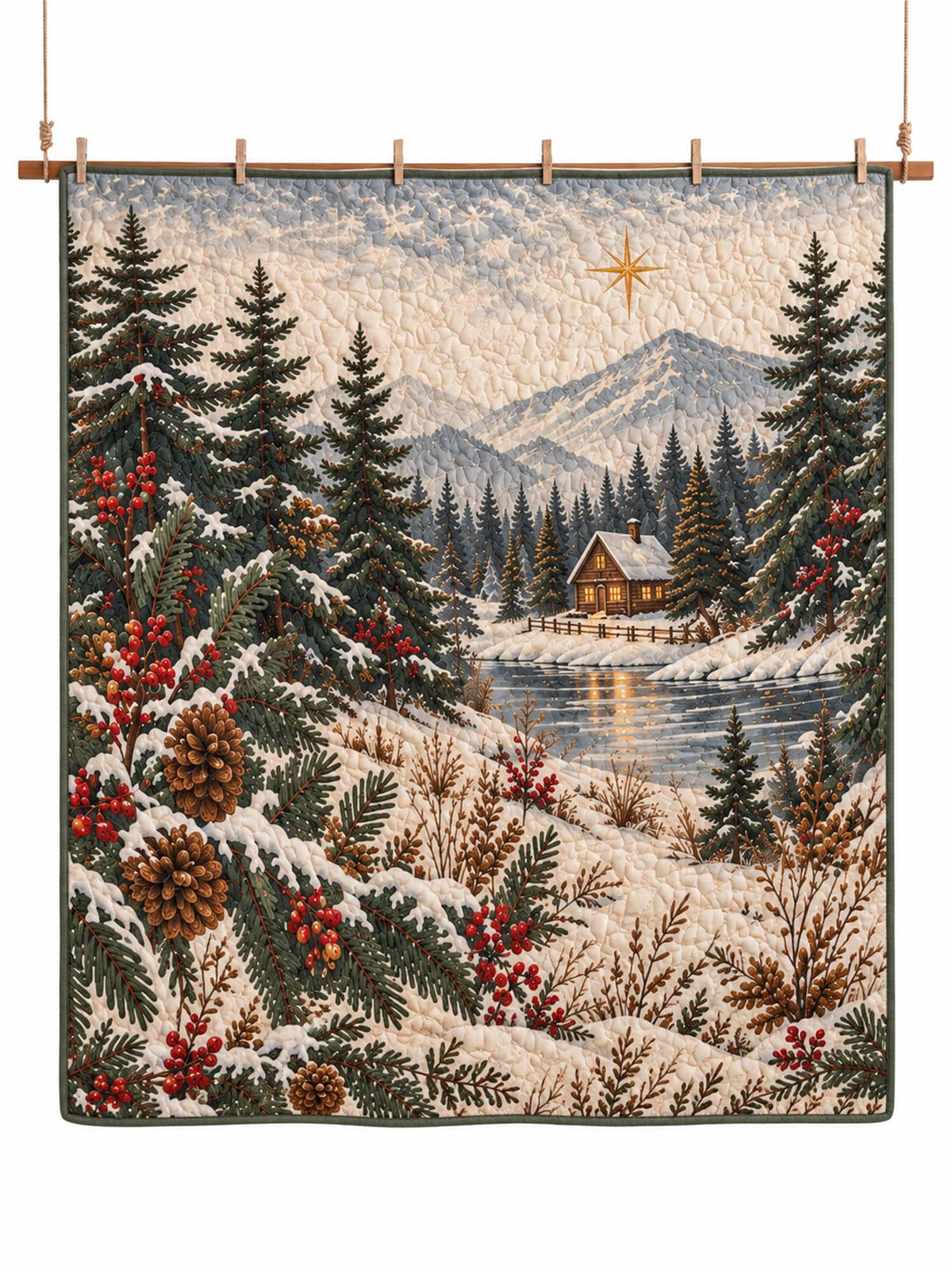 Winter Cottage Pine Forest Quilted 3-Piece Bedding Set
