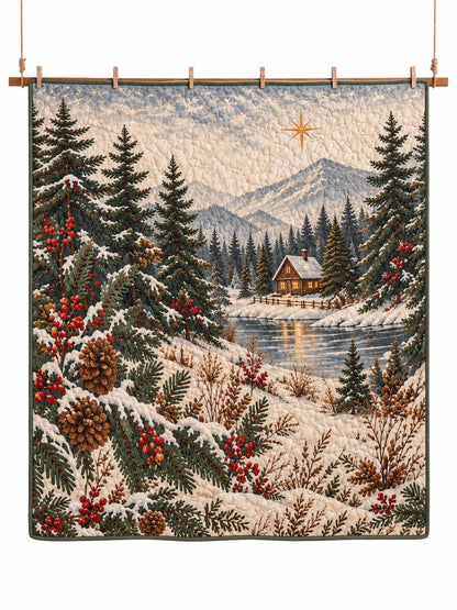Winter Cottage Pine Forest Quilted 3-Piece Bedding Set