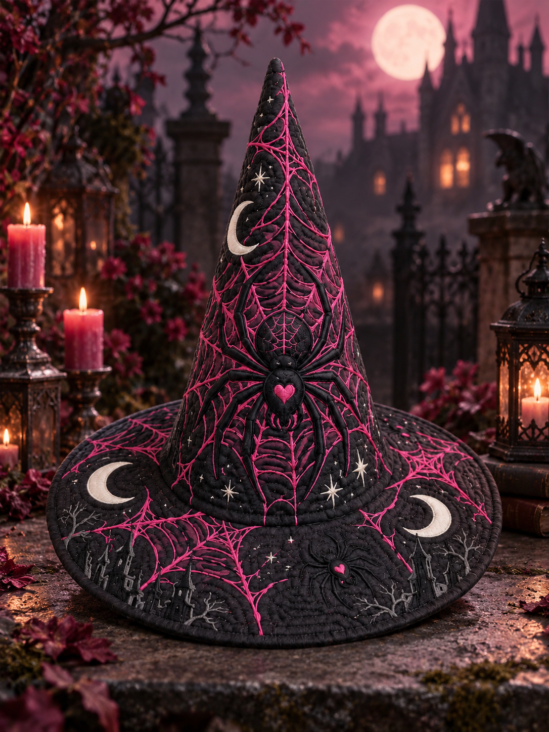 Midnight Spiderweb Moon Gothic Handcrafted Quilted Witch Hat