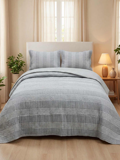 Minimalist Grey Stripe Quilted 3‑Piece Bedding Set
