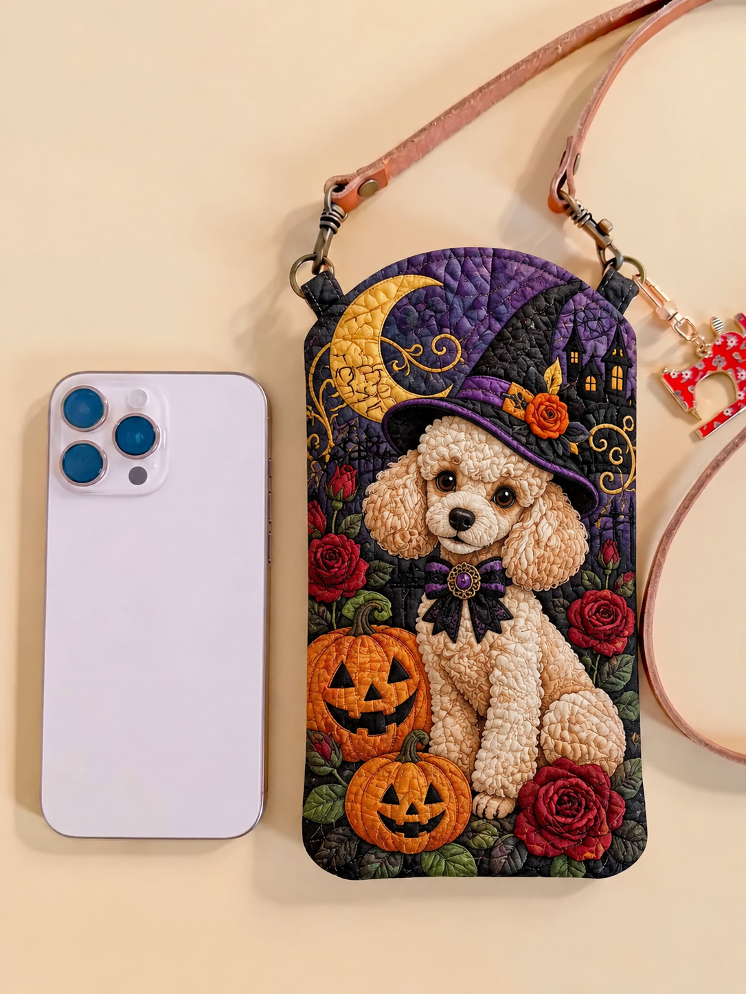 Dunne gewatteerde telefoonhoes – Puppy met heksenhoed voor Halloween