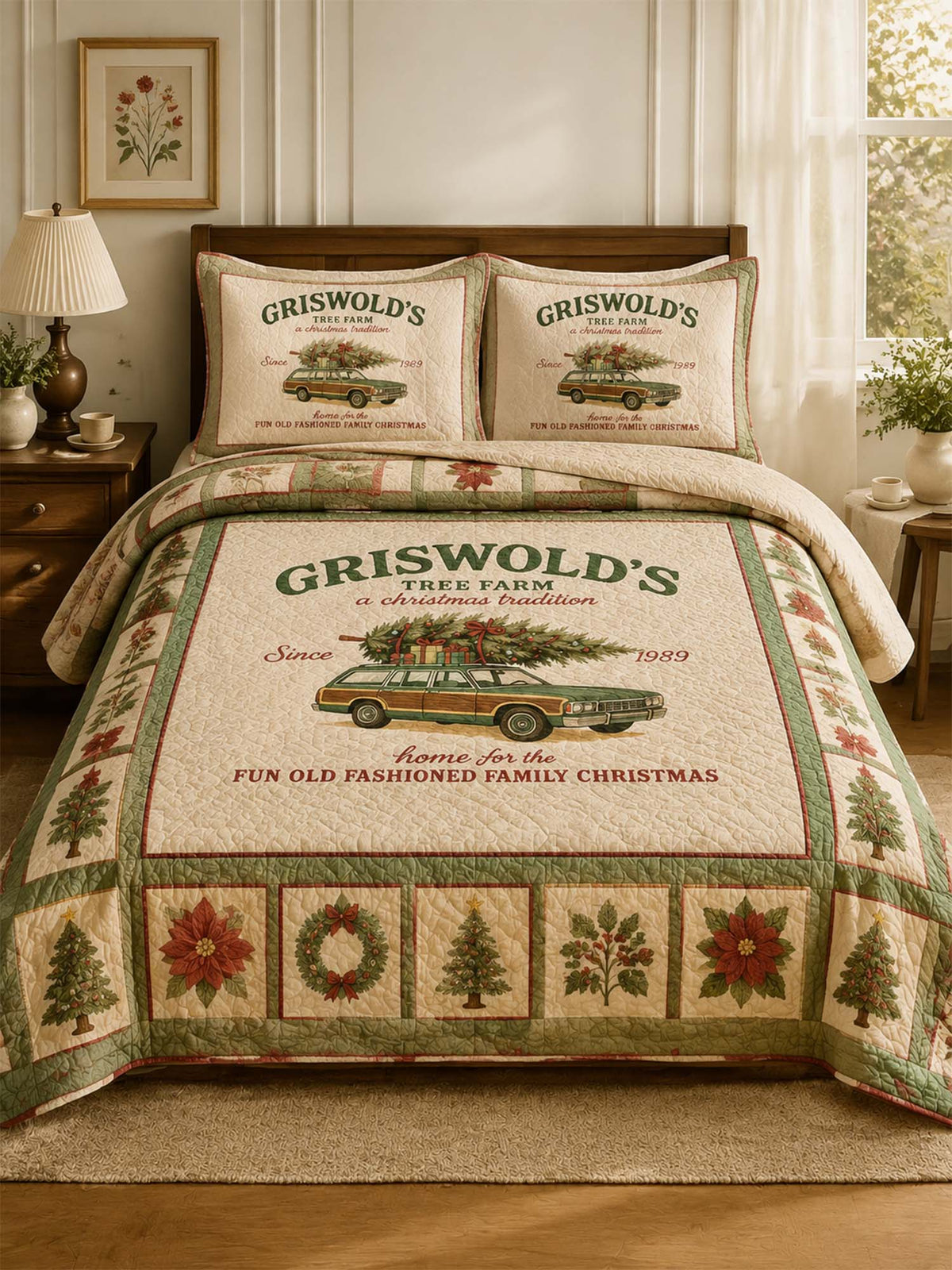 Christmas Tree Farm Vintage Quilted 3-Piece Bedding Set