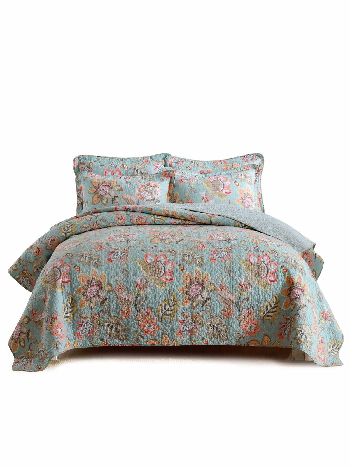 Teal Blue Vintage Garden Harvest Floral Patchwork Quilted 3‑Piece Bedding Set