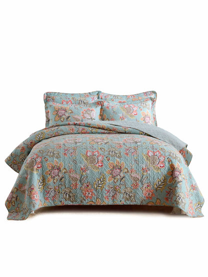 Teal Blue Vintage Garden Harvest Floral Patchwork Quilted 3‑Piece Bedding Set