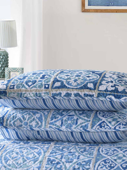 Coastal Boho Blue Portuguese Tile Print Quilted 3‑Piece Bedding Set