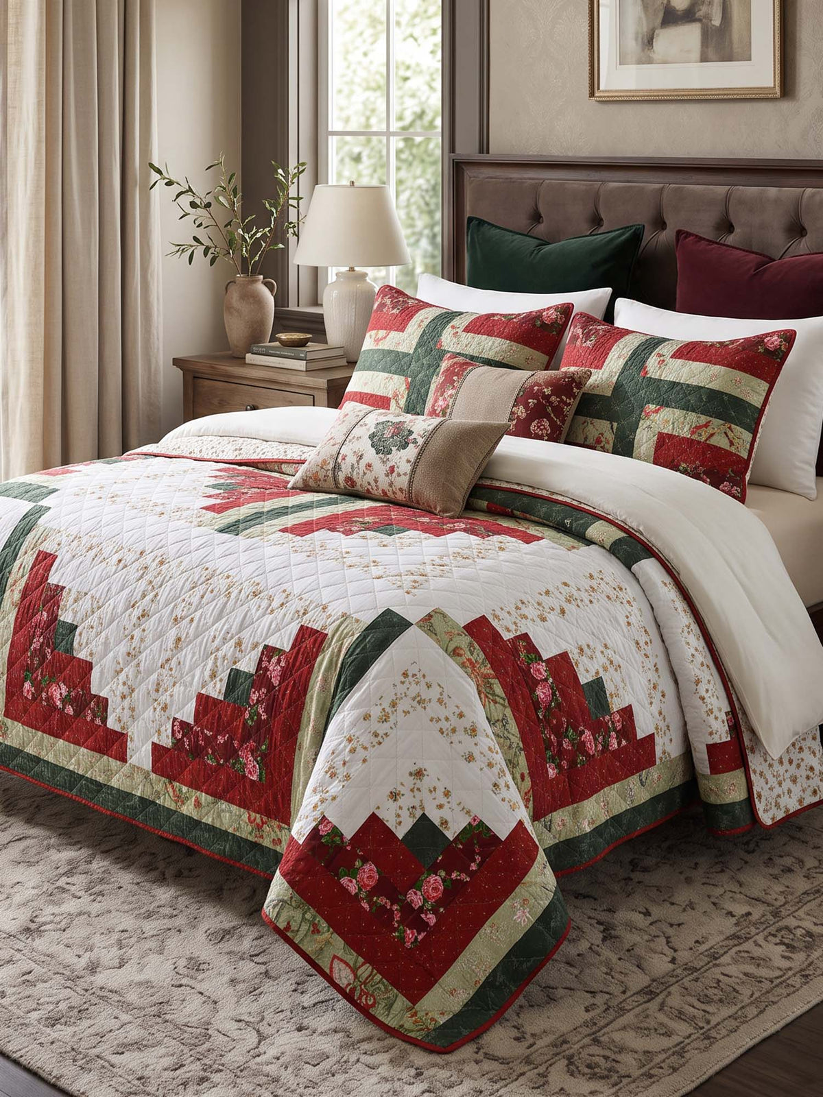 Vintage Floral Log Cabin Patchwork 100% Cotton Quilted 3-Piece Bedding Set