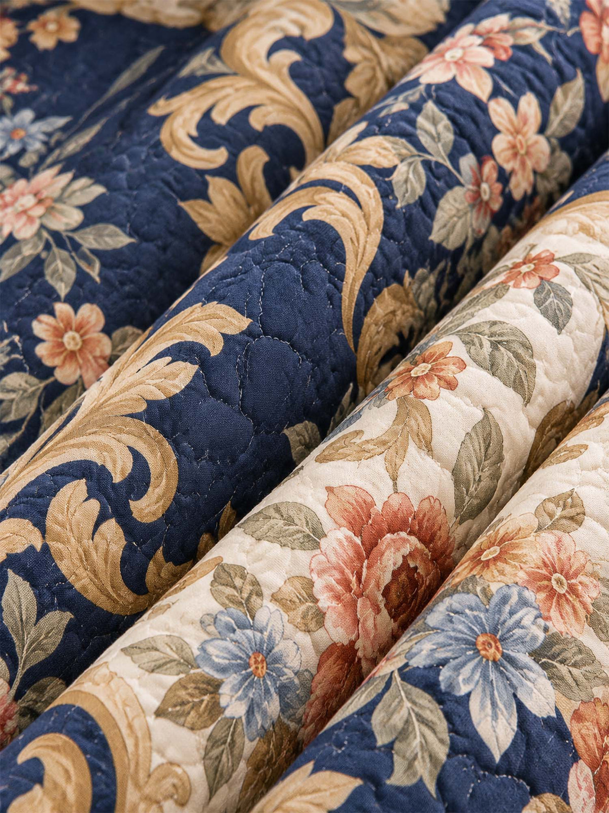 Vintage Navy Blue Floral Baroque Quilted 3-Piece Bedding Set
